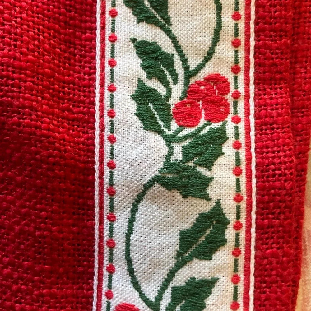 Vintage handmade holiday table runner 52” long holly and burlap